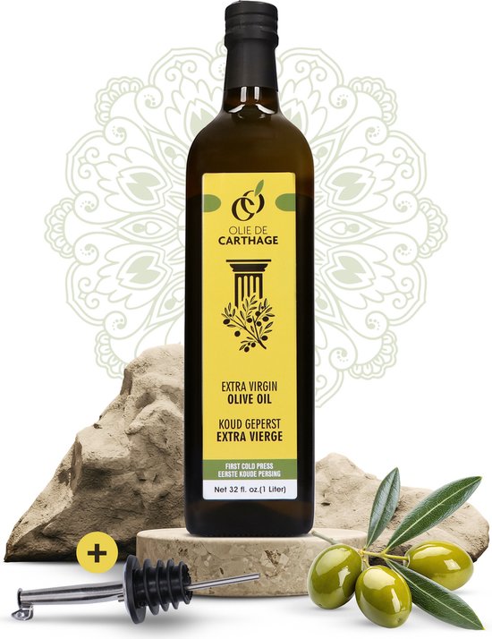 Olie De Carthage - Extra Vierge Olijfolie - 1 liter - 100% Tunesische - Rechtstreeks uit Carthago - Koud Geperst - Zacht & Rijk aan antioxidanten - Ondersteunt Hart & Immuunsysteem - Hoogste Kwaliteit