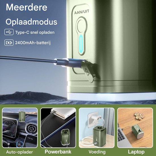 QTTVBTNA - Elektrische Opblaaspomp - 2-in-1 LED Campinglamp - 2400 mAh - Oplaadbare elektrische pomp - Voor luchtbed, opblaasbaar zwembad, zwemring, vacuüm opbergzak - Groen - 5x5x8,3cm - 1 stuk — afbeelding 3