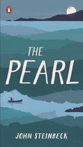 Boekomslag van The Pearl van John Steinbeck, met een silhouet van een roeiboot in een mistig berglandschap.