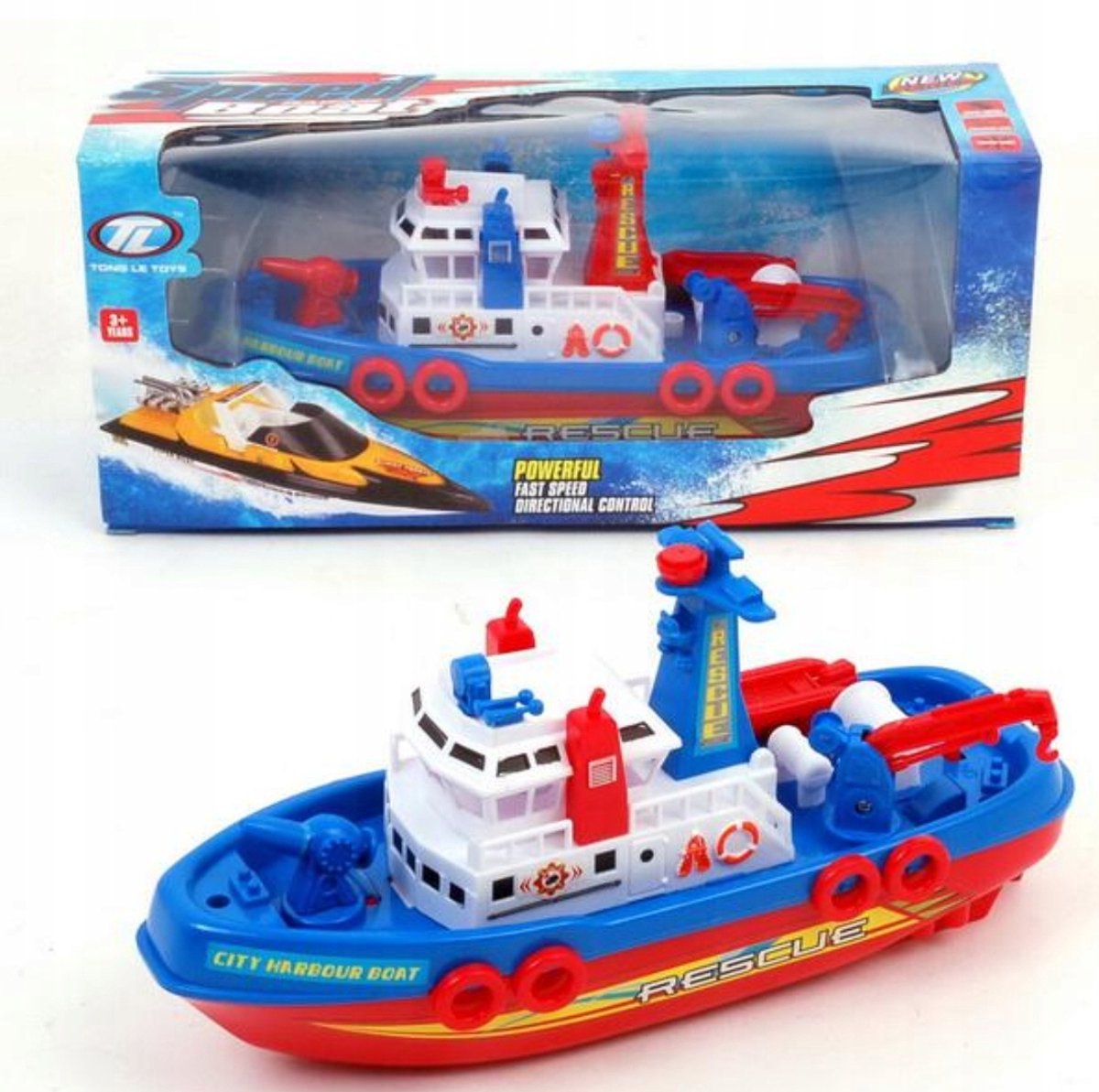 Varende speelgoedboot met waterkanon, tractor