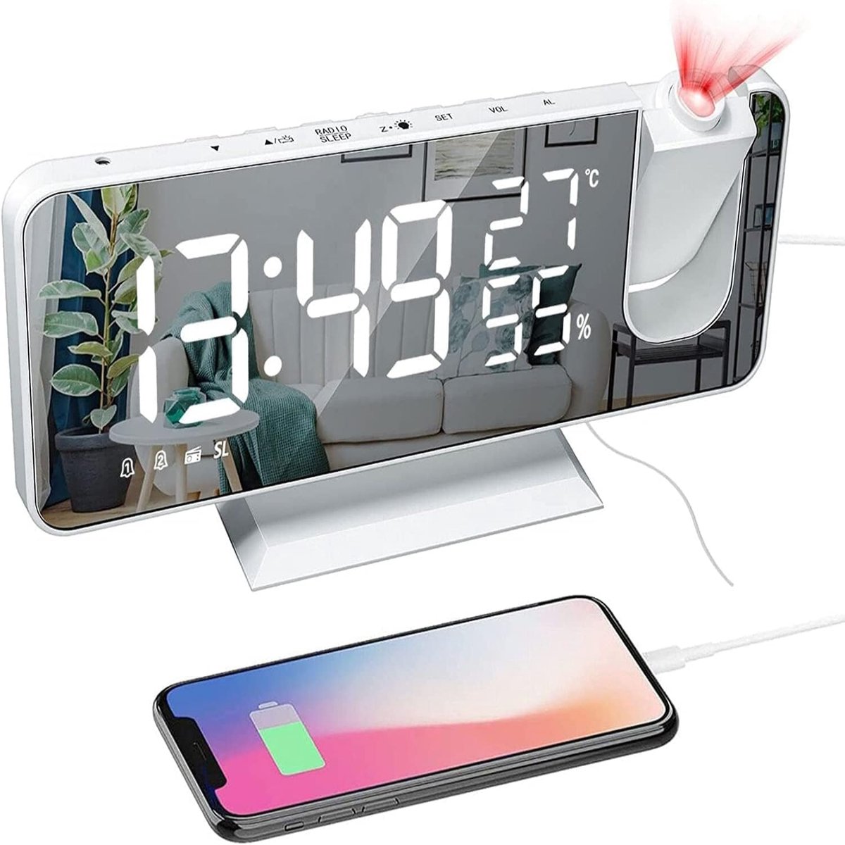 longziming -Digitale Projectieklok met 180° Draaibare Projector, USB Oplaadpoort, Dual Alarm, 12/24 Uur Formaat, Sluimerfunctie en Radio voor Slaapkamer - Wit