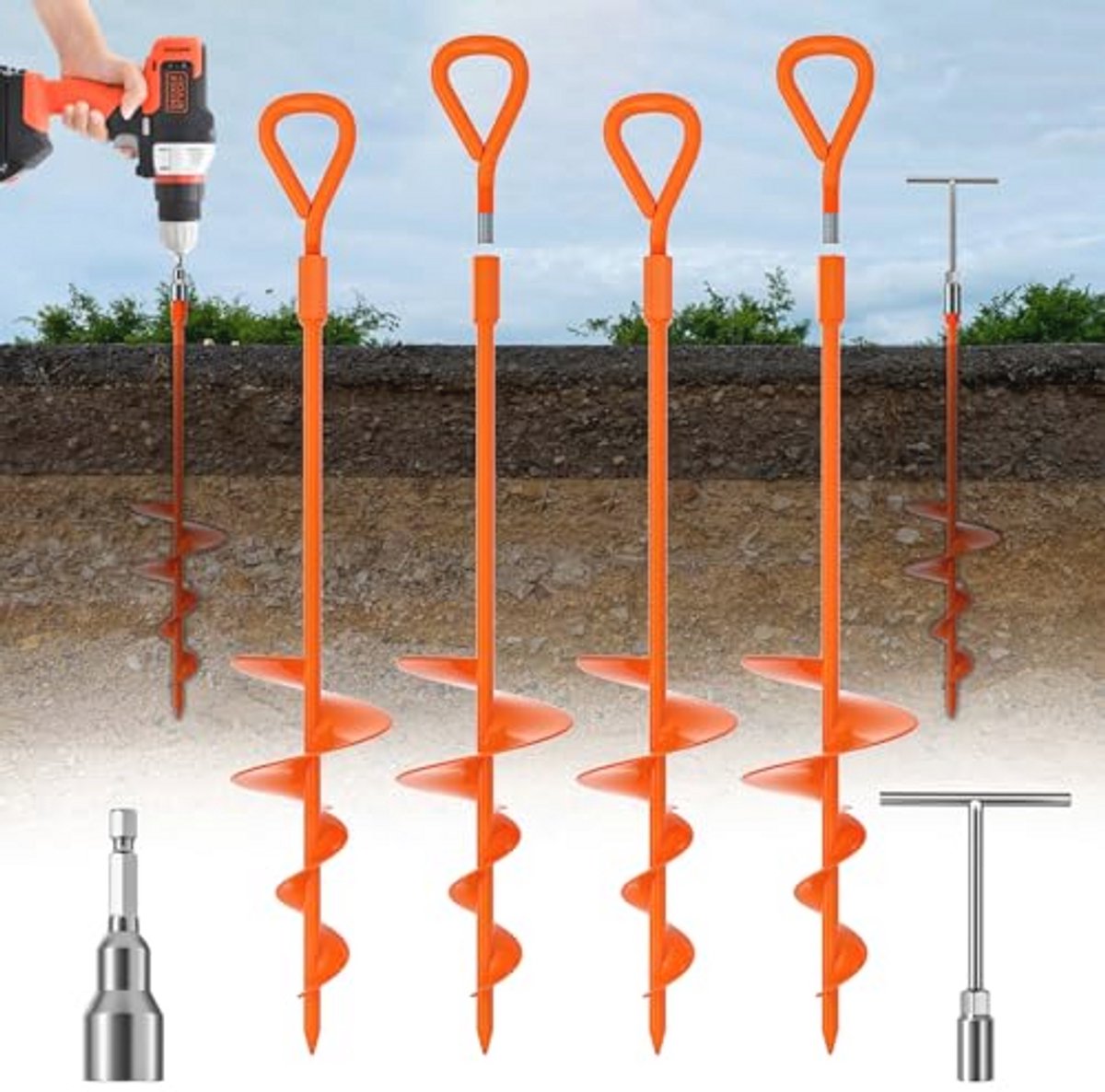 45,7 cm lang grondanker, zware aardankers, 45,7 cm grondankers, schroefset met T-greep zeskantsleutel voor campingtent, schommelsets, het vastzetten van dieren, schuren, trampoline (4 stuks) (oranje)