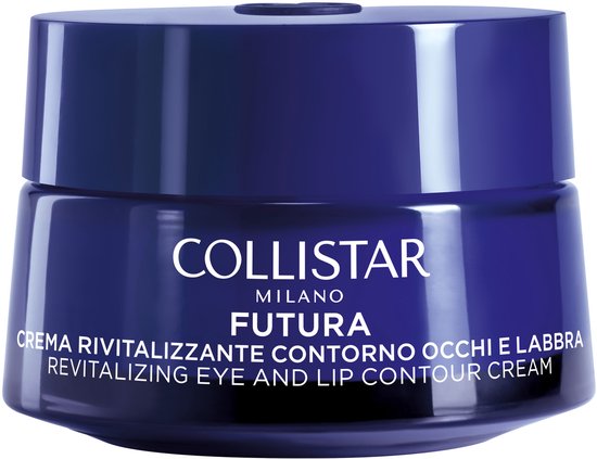 Collistar Futura revitaliserende oog- en lipcontourcrème in een donkerblauwe glanzende pot.