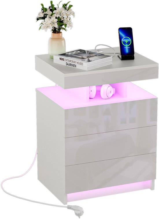 Led-nachtkastje met 3 lichtjes, dimbaar, bluetooth-luidsprekers en oplaadfunctie, smart nachtkastje met 2 laden, 2 USB & 1 type C, stijlvolle bijzettafel, bank voor slaapkamer, woonkamer (1, wit
