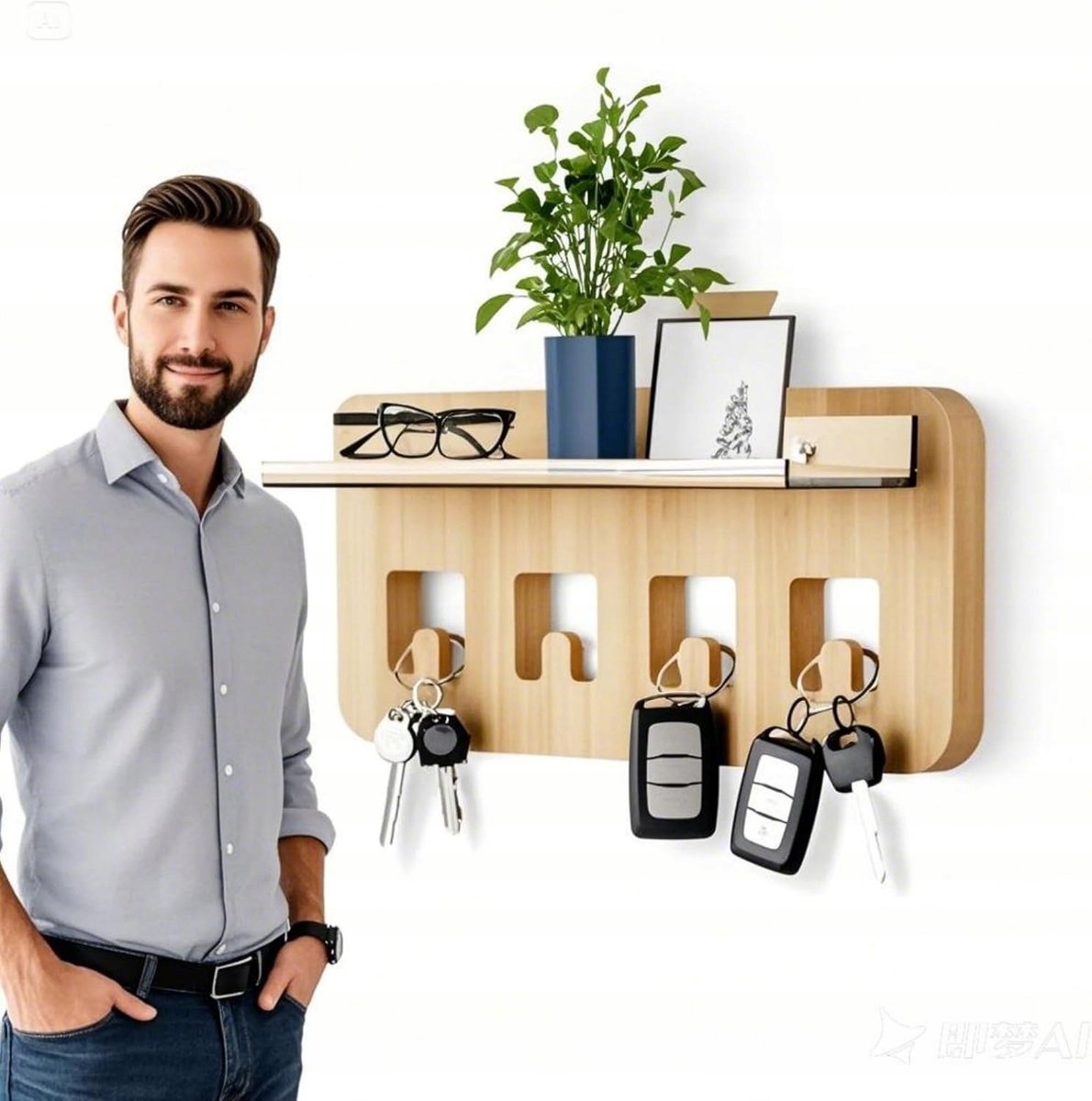Wandmontage Sleutelhanger met Plank en 5 Haken