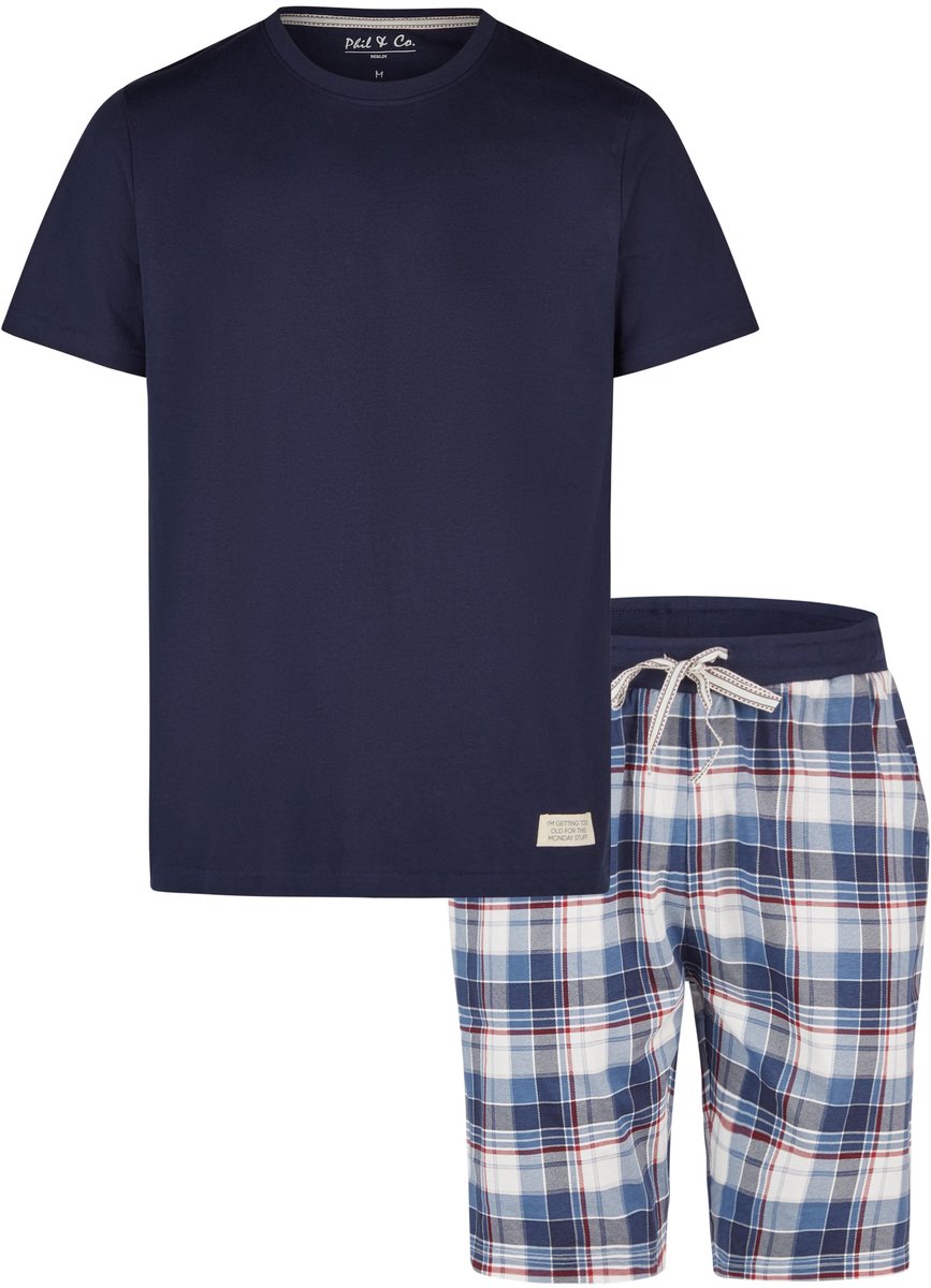 Phil & Co Heren Shortama Korte Pyjama Set Donkerblauw Geruit - Maat XXL