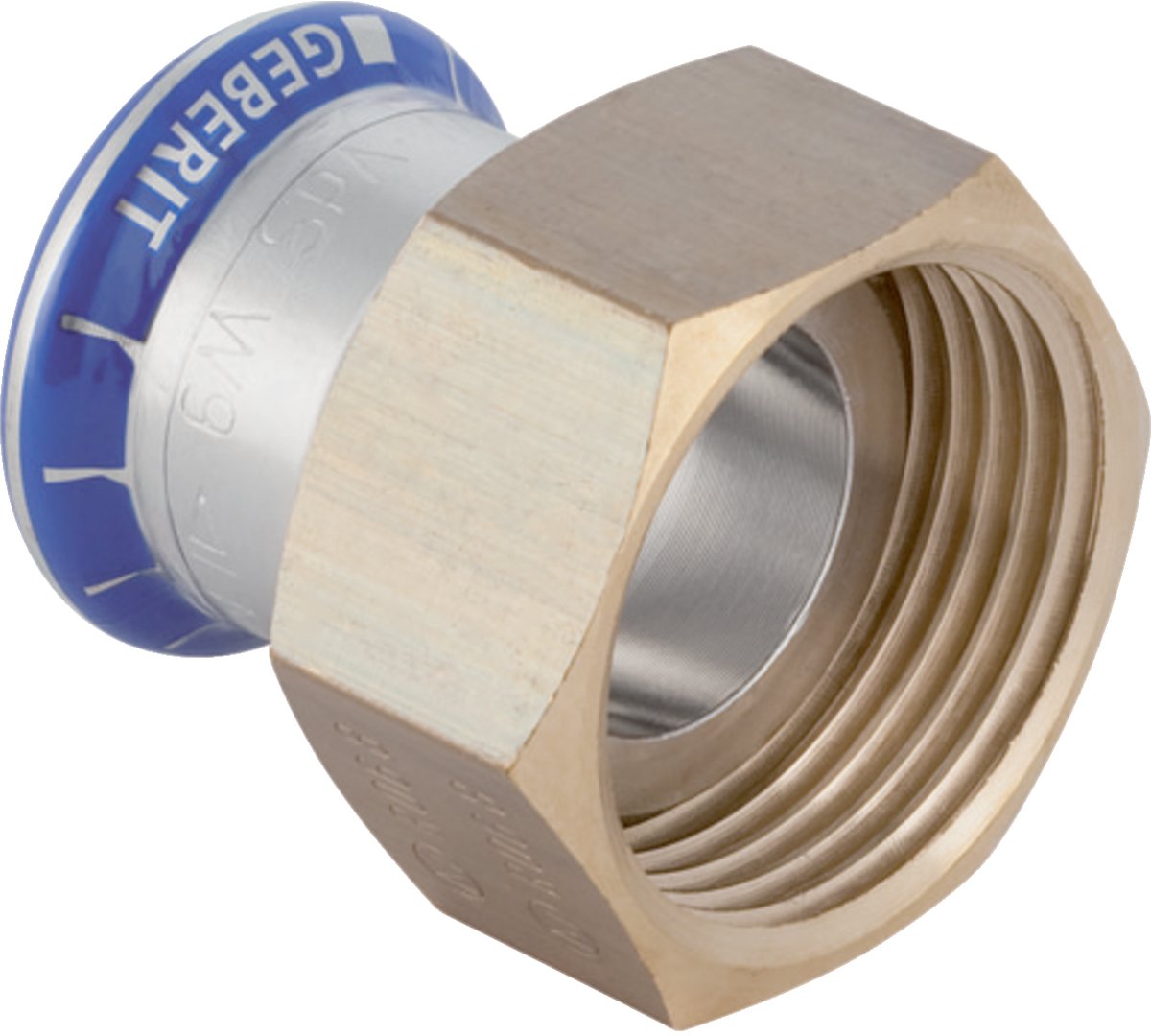 Geberit Mapress roestvrij staal overgang met wartelmoer, DN 15 / 20, dø 18 mm, 35033