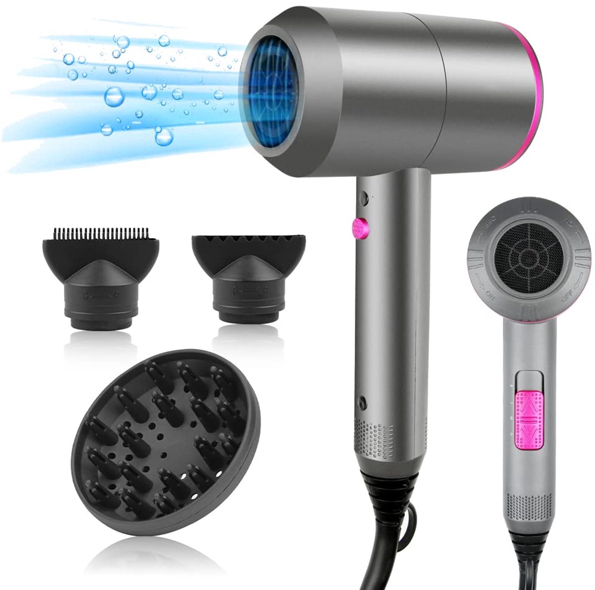 Professionale Haardroger 2200W - Krachtige AC Motor voor Snelle Droging - Met 3 Verwarmingsstanden + Koude luchtfunctie - Incl. 3 Opzetstukken (Diffuser, Styling) - Geschikt voor alle haartypes - Roze/Zilver
