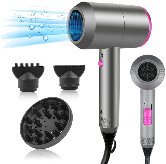 Professionale Haardroger 2200W - Krachtige AC Motor voor Snelle Droging - Met 3 Verwarmingsstanden + Koude luchtfunctie - Incl. 3 Opzetstukken (Diffuser, Styling) - Geschikt voor alle haartypes - Roze/Zilver