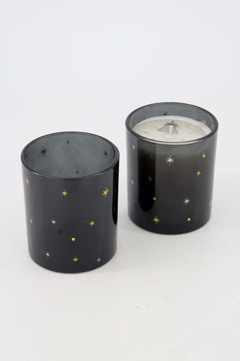 Zusss Cadeauset Geurkaars En Waxinelichthouder Glas Sterren - Verjaardag - Cadeau - Zwart/Goud - Ø9x9cm