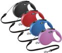 Vier Flexi Classic koordlijnen in zwart, rood, blauw en paars, allemaal maat XS.