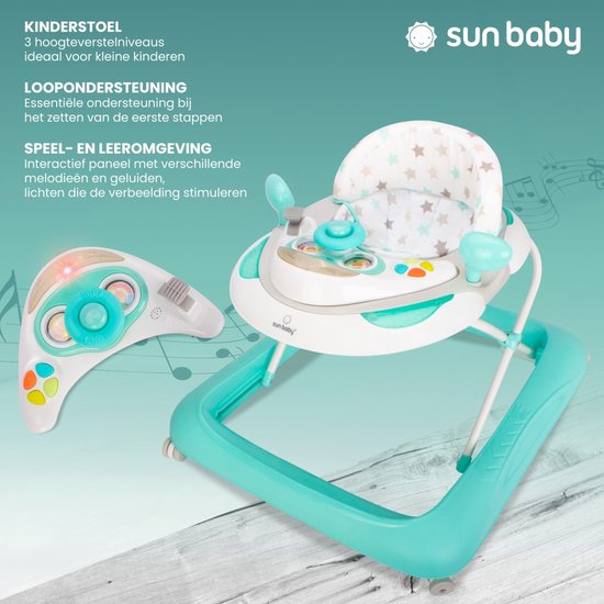 sun baby Loopstoel, baby walker vanaf 6 maanden, verstelbare hoogte, rubberen wielen - Mintgroen met sterretjes van Sun Baby — afbeelding 4