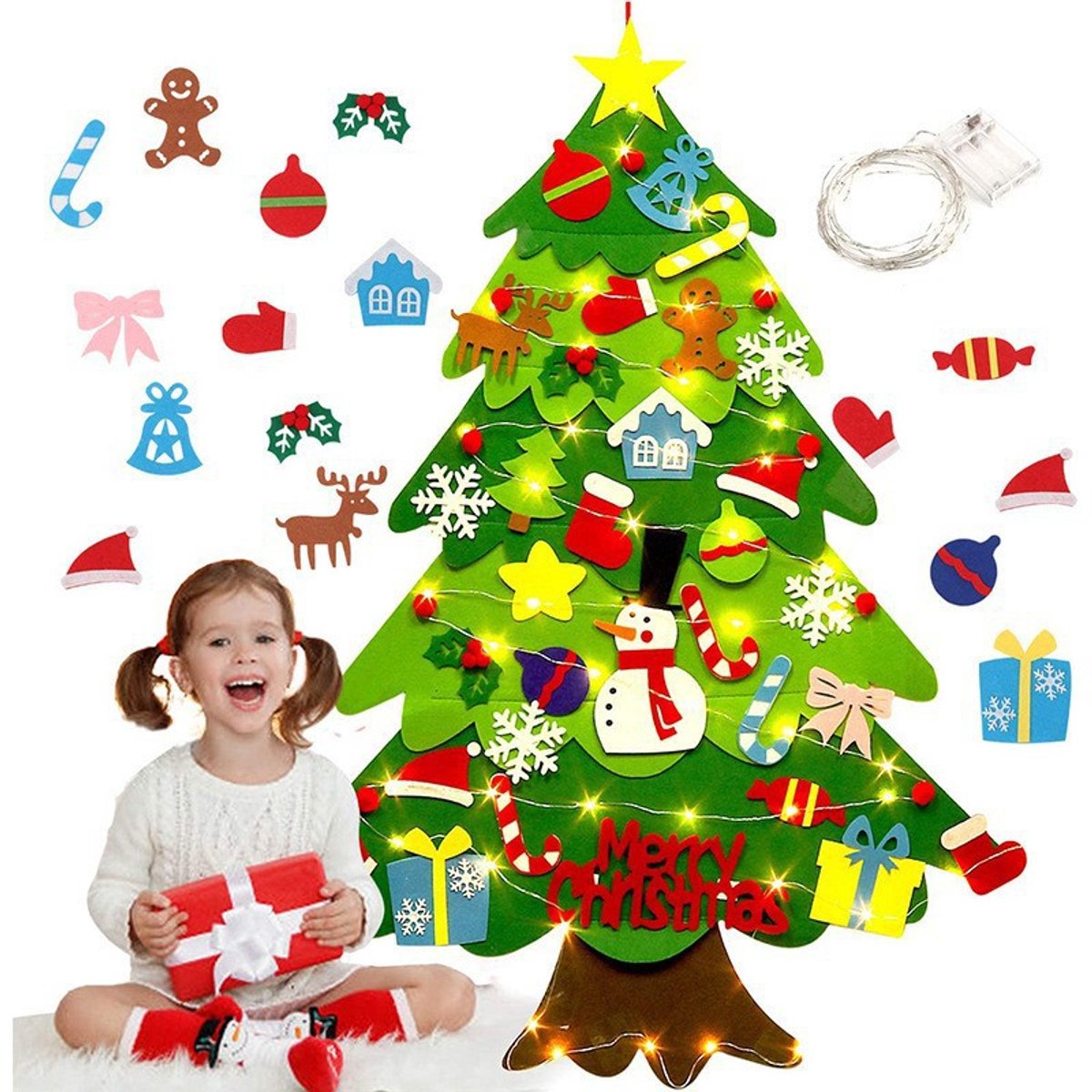 Vilten kerstboom, kerstcadeau, kerstboom 98*69cm, vilten kerstboomdecoratie met lampjes, opvouwbaar om aan de muur te hangen, 5 meter lange lichtstrip