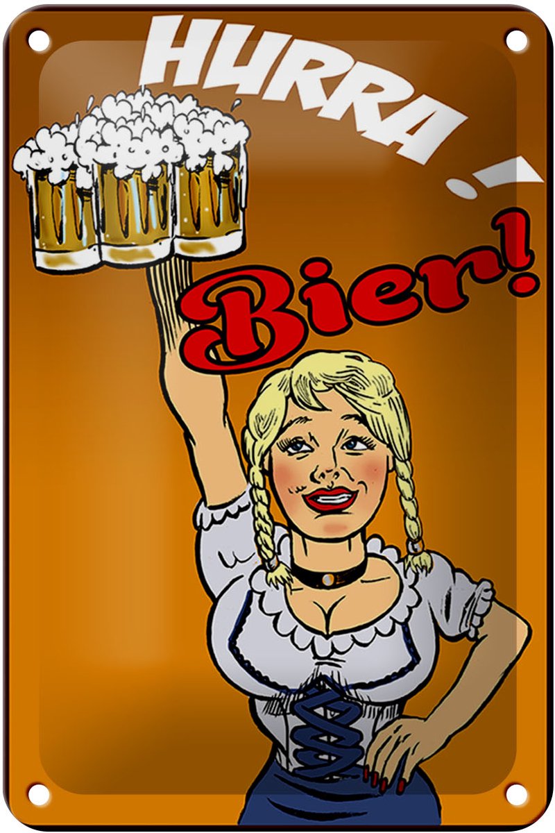 Blechschild Pinup 12x18cm Hurra Bier