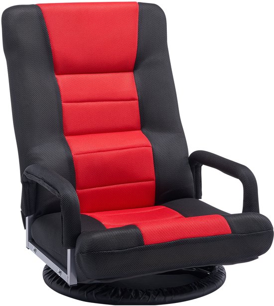Zwarte en rode fauteuil met gestreepte rode zitting en rugleuning, met armleuningen en draaibare basis.