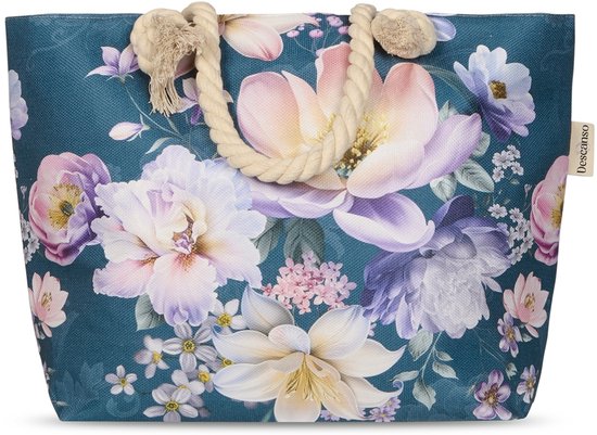 Strandtas met Bloemenprint - 43x60 cm - Petrol - Oeko-Tex Gecertificeerd - 100% Polyester Linnen