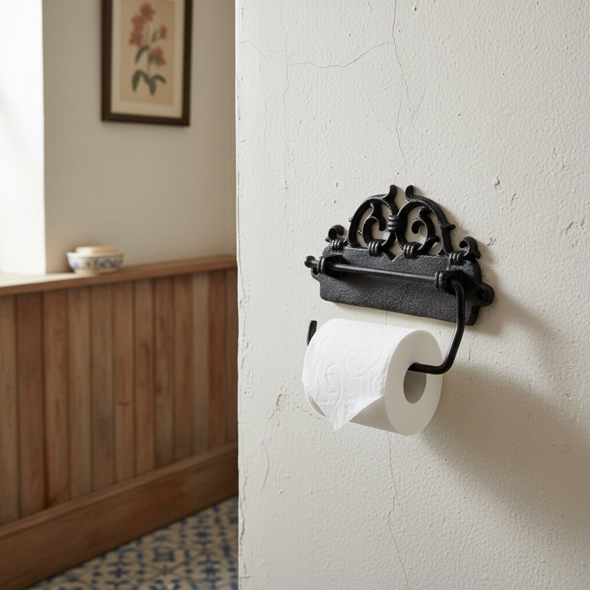 Toiletrolhouder gietijzer zwart 16cmx12cm - Muurbevestiging wc rolhouder hangend - Landelijke wc badkamer