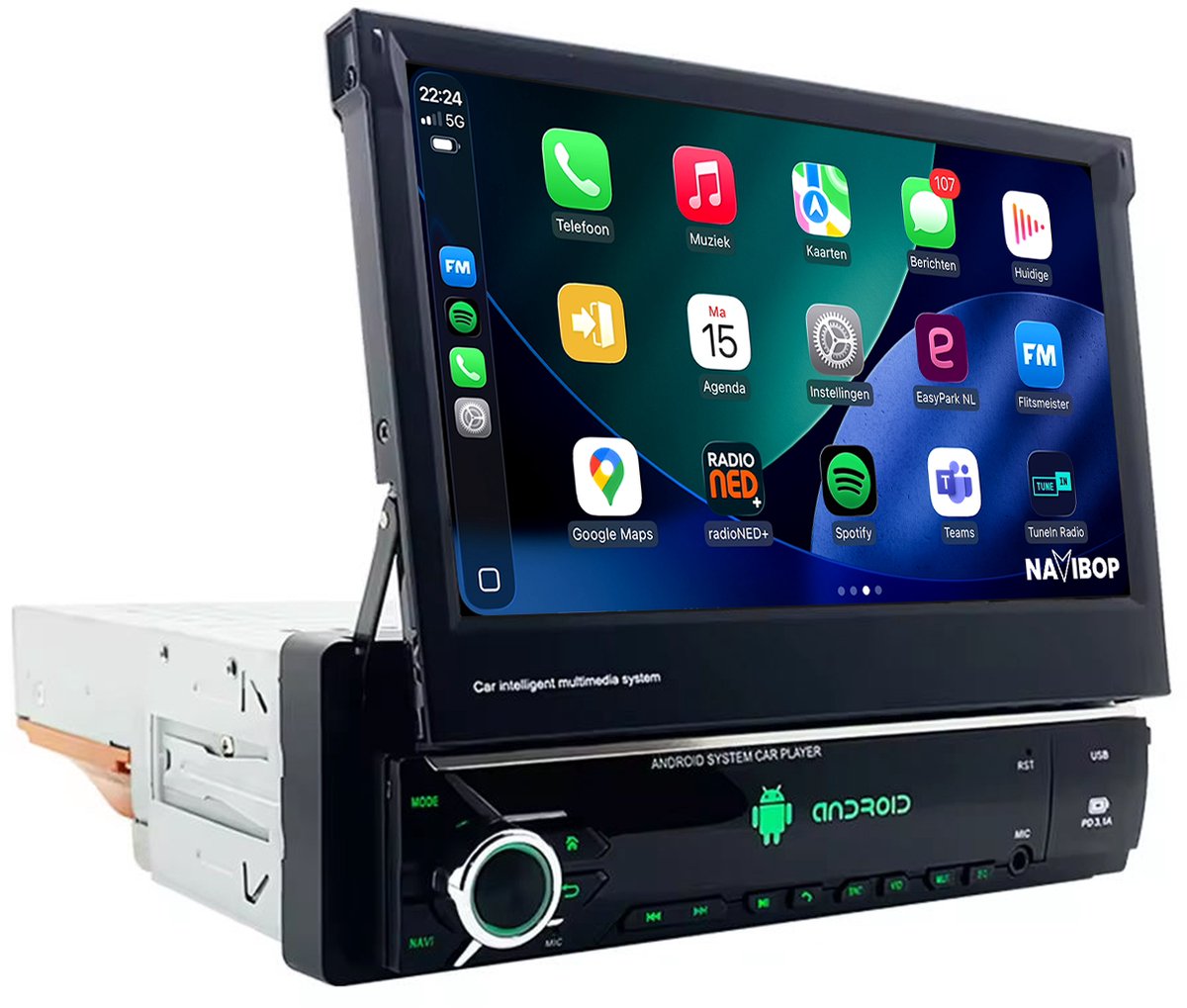 Geschikt voor Universele 1 DIN ( t/m ) | 9 inch Android 15.0 CarPlay autoradio | Draadloos CarPlay & Android Auto | 2GB RAM + 32GB | Externe microfoon & Achteruitrijcamera (AHD) | Bluetooth & WiFi | NAVIBOP NB-1490 | Bouwjaar t/m