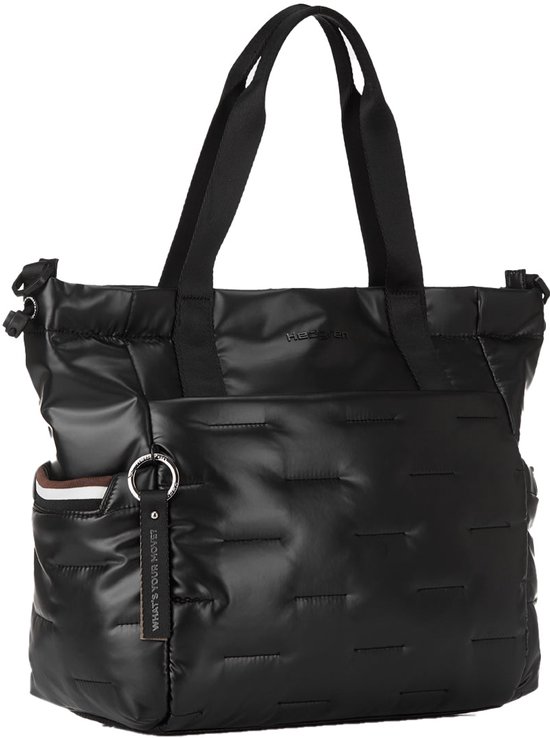 Zwarte gewatteerde shopper met Hedgren-logo, schouderband, buitenvak en zijzakken met gestreepte rand.