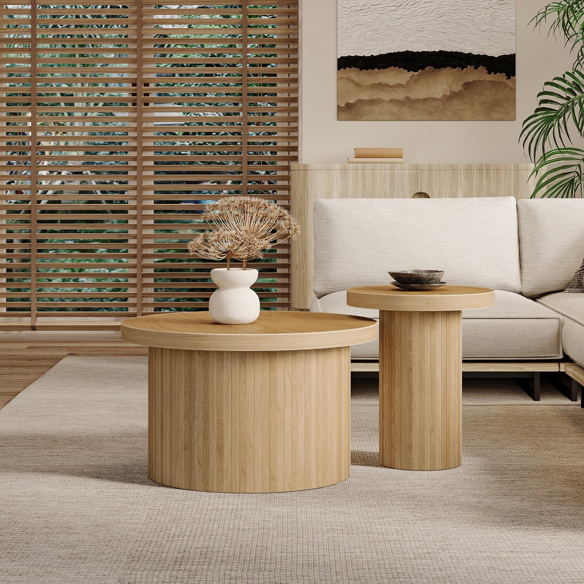 MODFU Ronde Salontafel Set van MDF met Natuurhouten Latten, Multifunctionele Beistelltafel, 2-Delig Natuurlijk