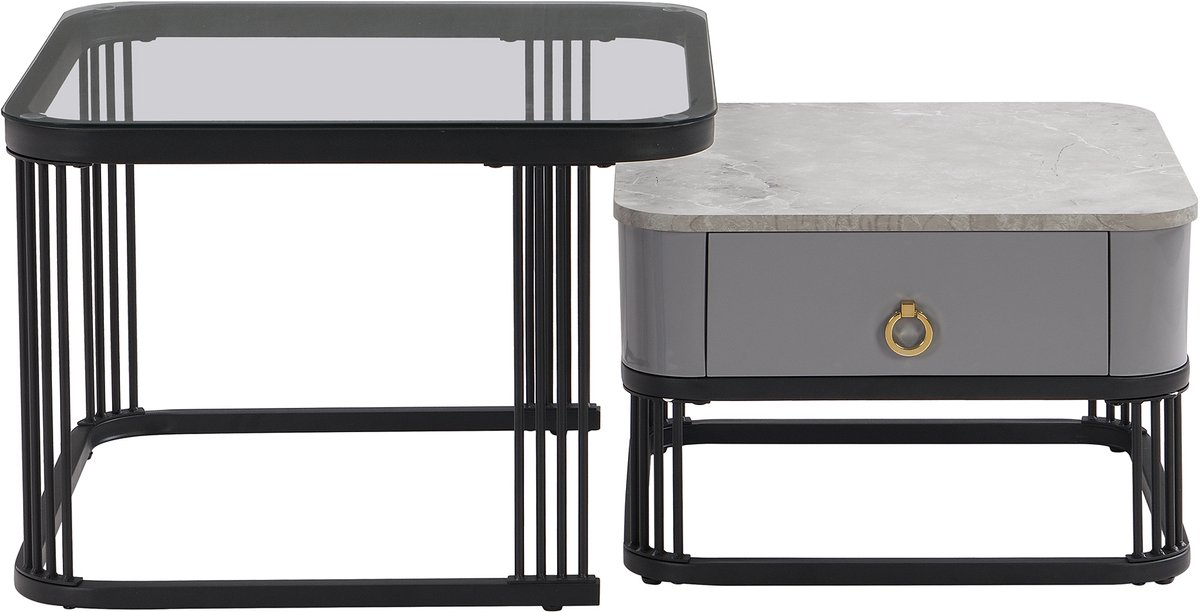 MODFU Stapelbare salontafel set van 2, hoogglanzende marmeren look, glazen tafelblad, zwarte poten en lades