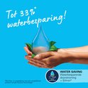 Een illustratie van handen die een waterdruppel vasthouden, met tekst 'Tot 33% waterbesparing!'.