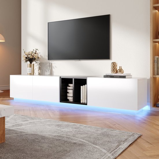 Meuble TV moderne Pugsdrly en noir et blanc contrasté, design simple avec tiroirs et compartiments ouverts. Robuste, durable et facile d'entretien – apporte une touche de modernité à votre salon.