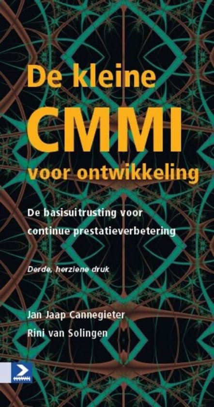 Boekomslag 'De kleine CMMI voor ontwikkeling' met een abstract zwart-groen patroon.