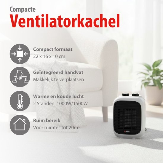 alpina Elektrische Kachel Halogeen 1200 Watt – Draaibare Ventilatorkachel Met 3 Warmtestanden – Compacte Elektrische Verwarming Voor Binnen – Kachel Elektrisch Met Oververhittingsbeveiliging