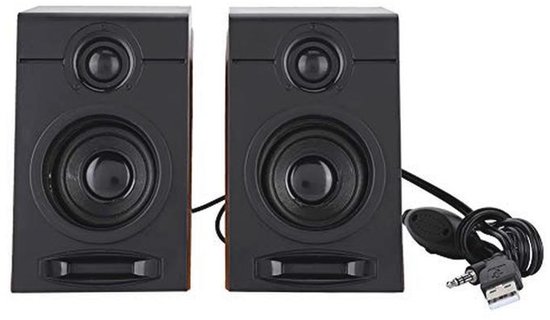 Twee zwarte luidsprekers met een woofer en tweeter, aangesloten met een USB-kabel.