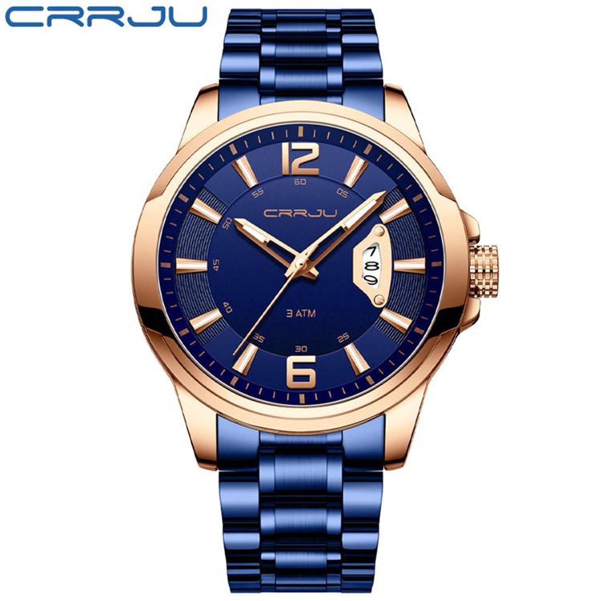 CRRJU Horloge 2191 - Blauw Rosékleurig - Heren - Quartz - 45 mm - Ronde Kast - Roestvrijstalen Band - Chronograaf - Kalender - Waterbestendig - Zakelijk - Luxe - Elegant