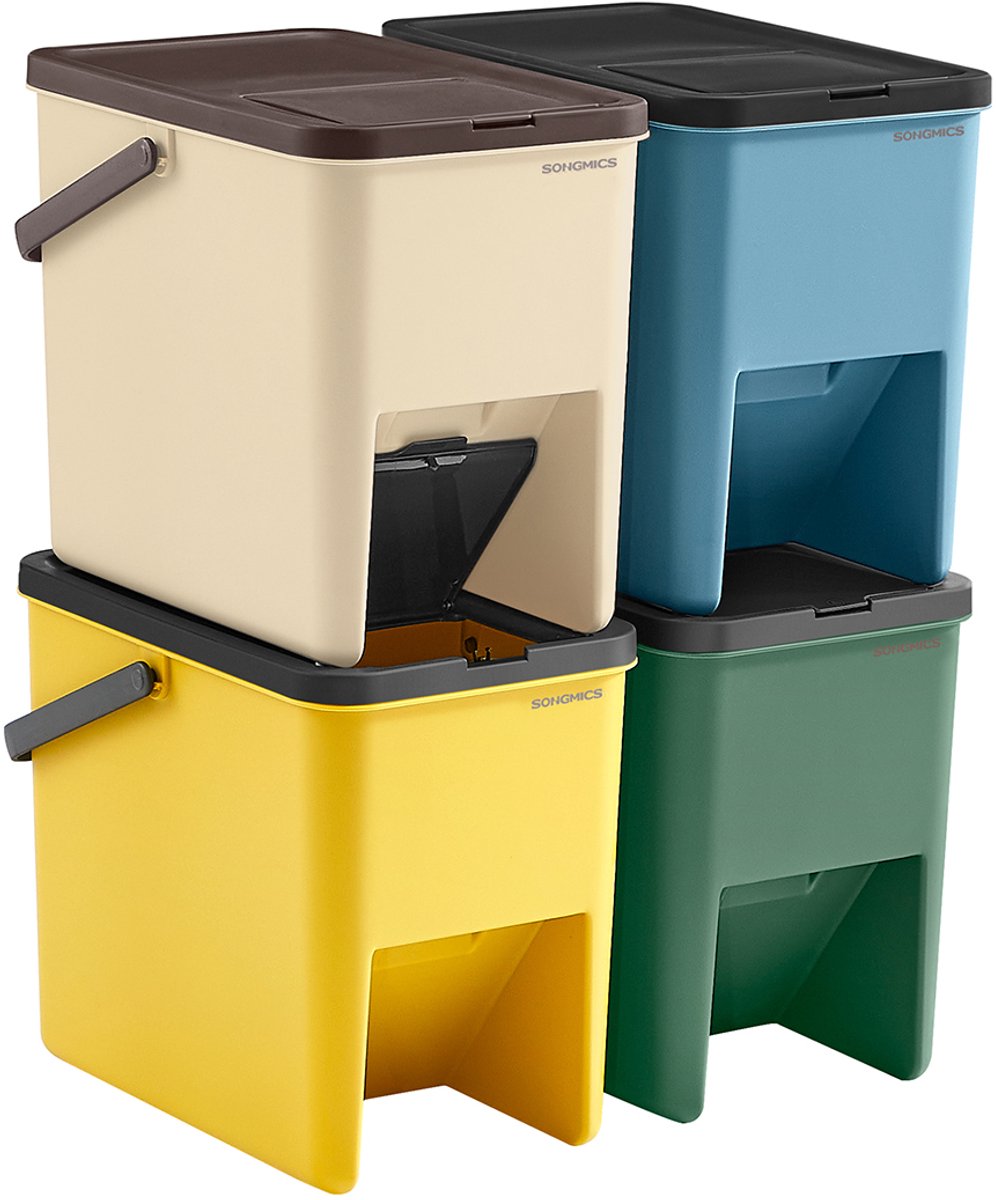 Afvalbakken – Set van 4 – Elk 20L – Met stickers – Grijs