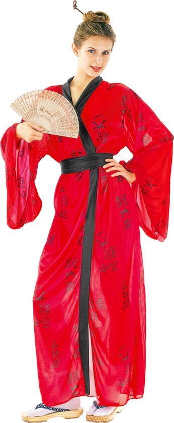 Joya Party® Geisha Kostuum Dames | Aziatische Kimono Jurk Rood met Zwarte Riem | Japanse Verkleedjurk Vrouwen | Verkleedjurk Vrouw | Verkleedkostuum Carnaval & Themafeest | Maat L/XL