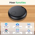 Zwarte Buzzy tracker met icoontjes voor privacy, geen app nodig, 365 dagen gebruik, Google Assistant, luid geluid en IP68 waterdicht.