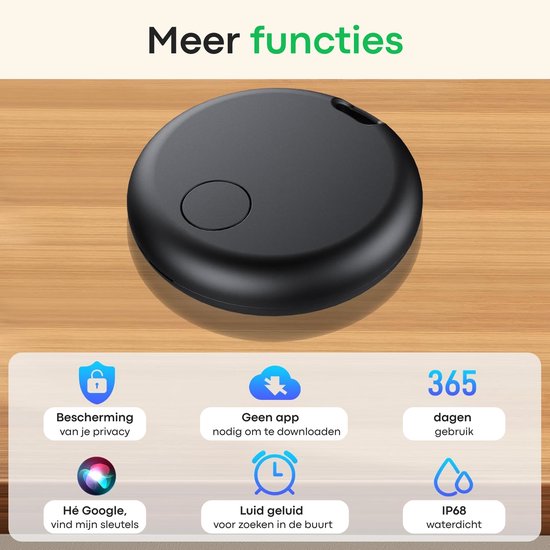 Zwarte Buzzy tracker met icoontjes voor privacy, geen app nodig, 365 dagen gebruik, Google Assistant, luid geluid en IP68 waterdicht.