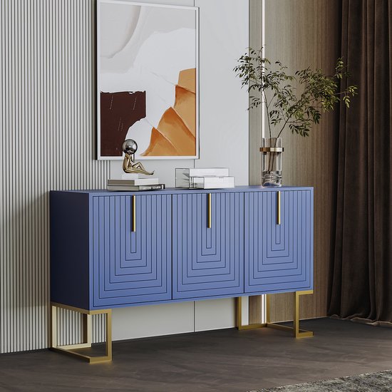OKWISH Dressoir – 3 Deuren – Verstelbare Planken – U-Deurtextuur – Modern Minimalistisch Woonkamer/Keuken – MDF Marineblauw – Afmetingen Onbekend