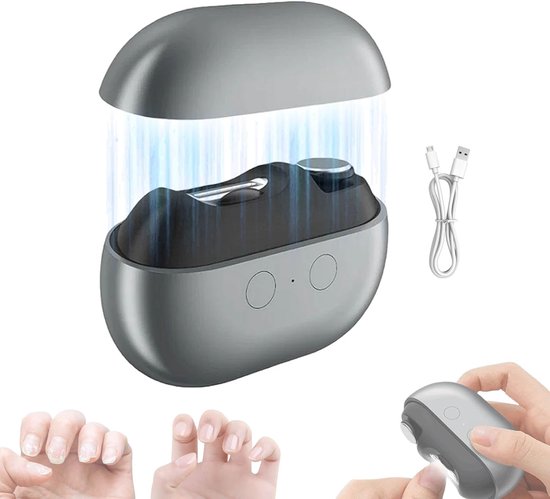 Zwarte elektrische nagelknipper in een zilveren behuizing, met USB-oplaadkabel en voorbeelden van nagels.