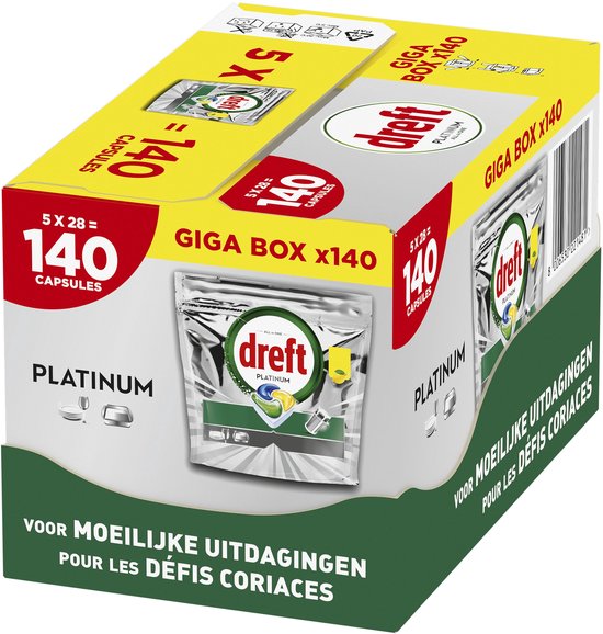 Grote kartonnen verpakking van Dreft Platinum vaatwastabletten, met 'Giga Box x140' en afbeeldingen van de tabletten.