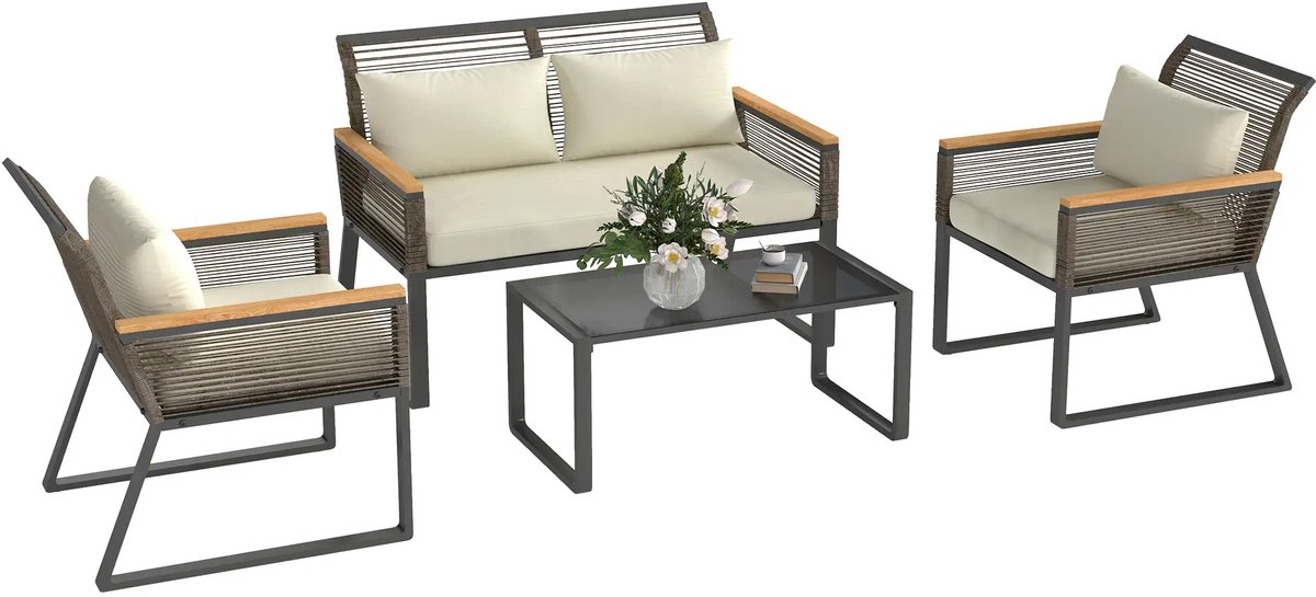 Balkonset 4 personen - Tuinset - Bistroset - Grijs+Beige - Weerbestendig - 4 delig - 4 stoelen - 4 personen - Gecoat staal - Onderhoudsvrij staal