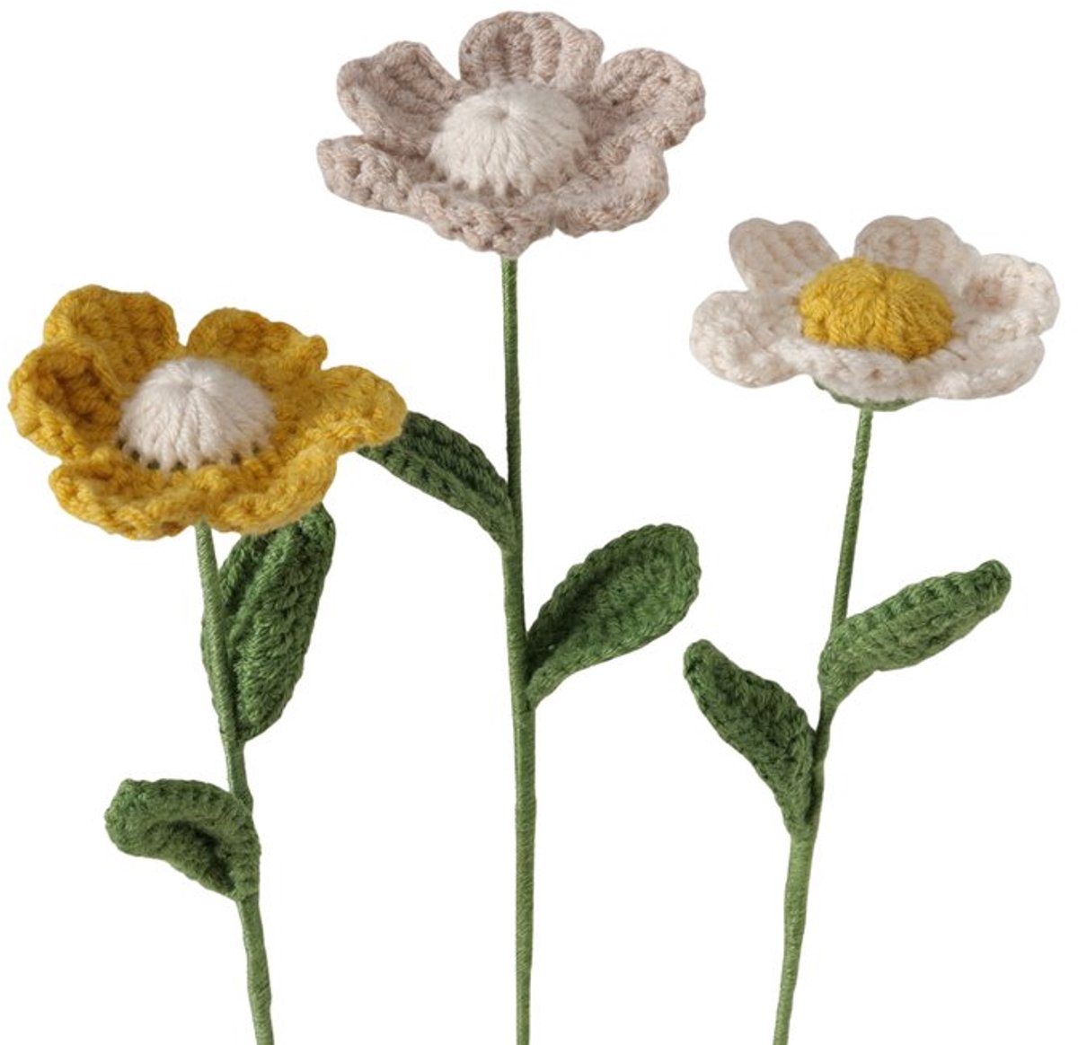 Boltze Set van 3 - Gehaakte Bloemen - Bloemen - Kunstbloem - Handgemaakt - 30 cm - Beige,Crème,Geel Groen