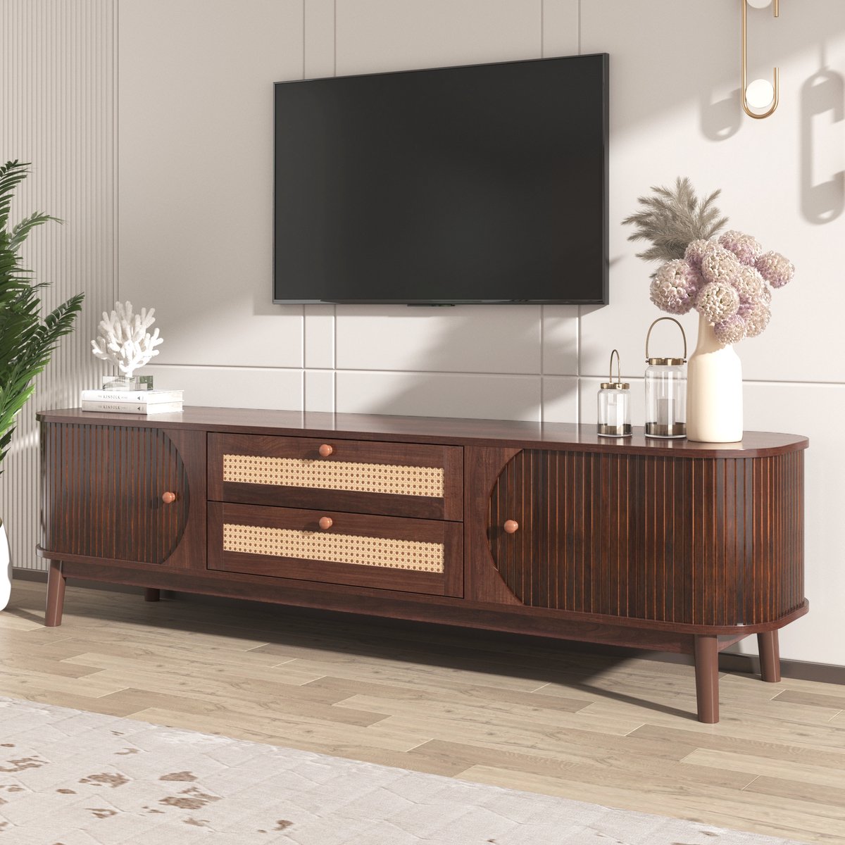 HAUSS SPOLE TV-Meubel - Rattan Deuren En Handgevlochten Lades - Massieve Houten Deuren Voor Natuurlijke Sfeer Met Opbergruimte - MDF - 170x39,5x46 cm - Naturel