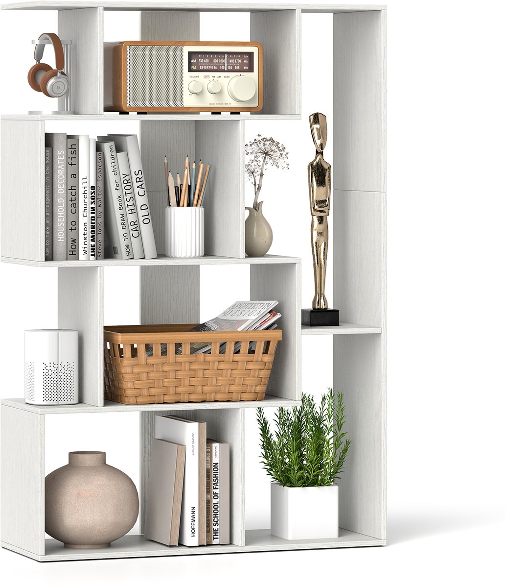 Costway Geometrische boekenkast, houten rek met 6 kubussen met kantelbeveiligingen, ruimteverdeler, vrijstaand, display 80 x 30 x 119 cm, staand rek voor slaapkamer, woonkamer (wit)