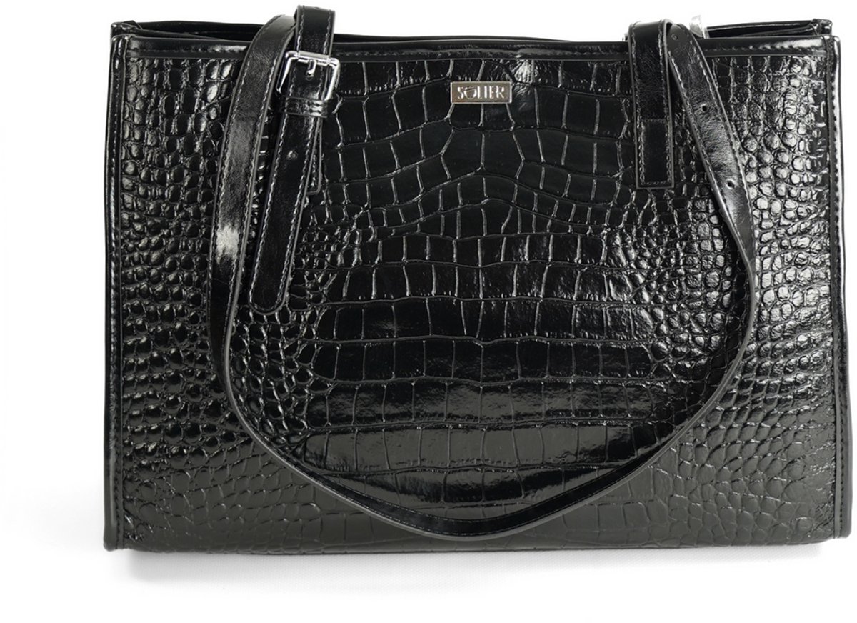 Solier FL55 LUNE shopper dames – grote leren schoudertas van gelakt leer met krokodillenreliëf en rits – zwart