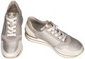 Grijze leren sneakers met zilverkleurige en gouden accenten, veters en rits. Uitneembaar voetbed.