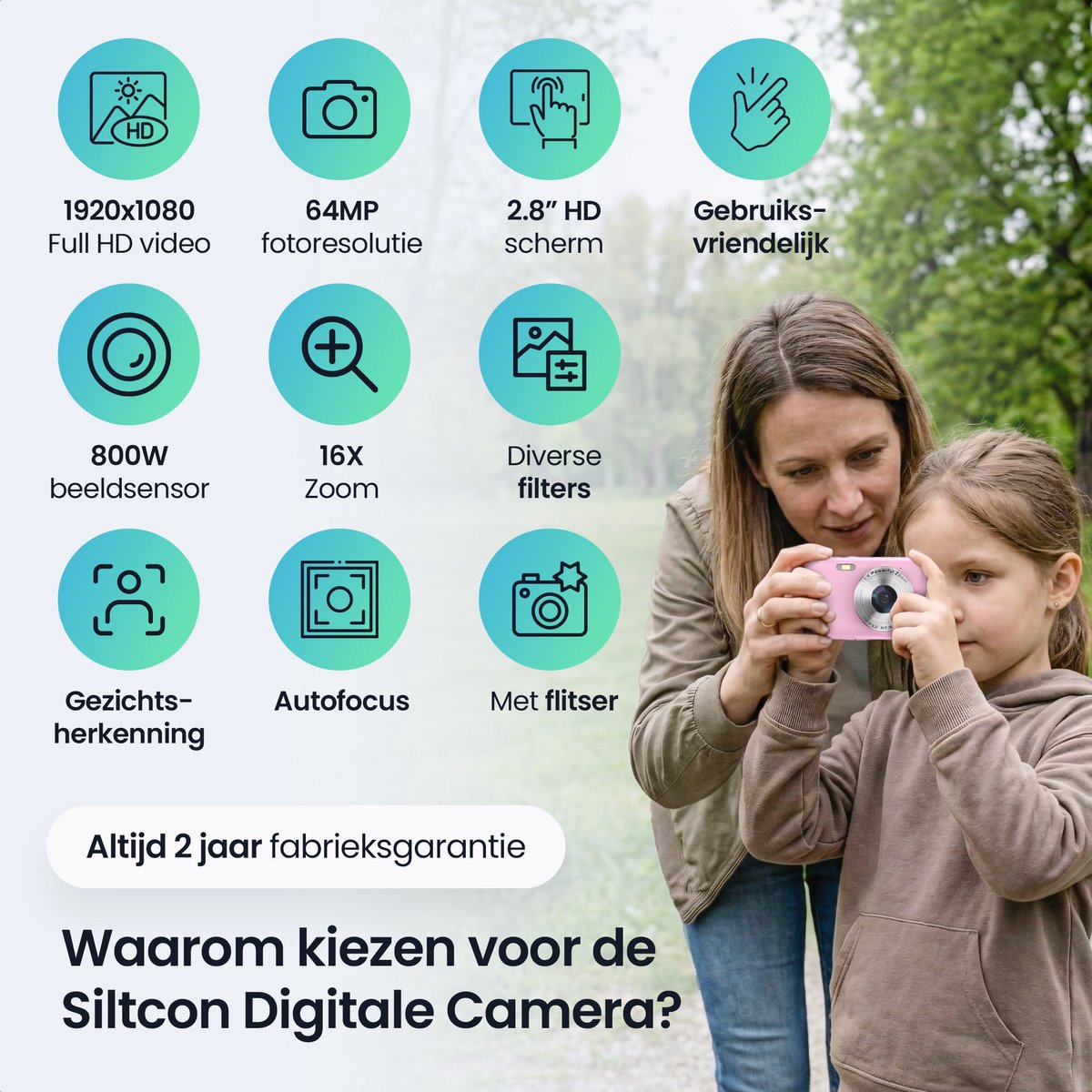 Siltcon® Digitale Camera - Full HD - 64 MP - Fotocamera - Mini Camera - Fototoestel - Vlog Camera voor Kinderen - Compact Camera - Foto & Video - 16x Zoom - Incl. 64GB SD – foto 2