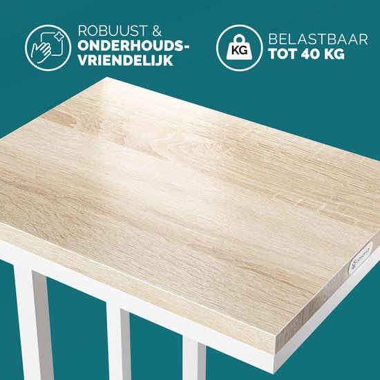 Close-up van een lichtbruin houten blad van een bijzettafel met de tekst 'Robuust & Onderhoudsvriendelijk' en 'Belastbaar tot 40 kg'.