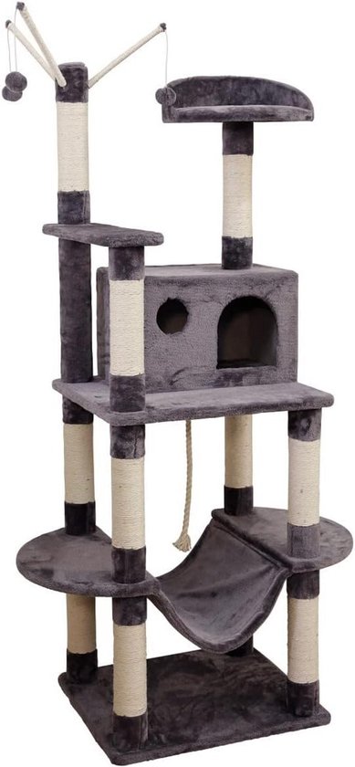 PAWZ Road Grote Krabpaal – 11 Cm Dikke Sisalstammen, Dubbele Grot, 114 Cm Hoog, Geschikt Voor Grote Katten, Zwart/Grijs