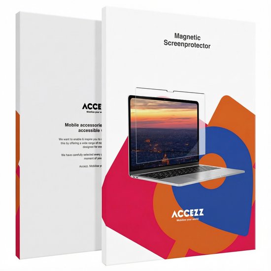 Magnetische screenprotector voor MacBook met felgekleurd Accezz-logo. Beeld van stadslichten op de laptop.