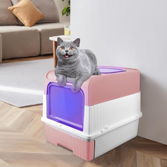 Gesloten kattenbak voor katten, toilethuis, uitneembaar dienblad, schep, borstel, voor grote katten, draagvermogen 15 kg, lekvrij, groot kattentoilet (48 x 39 x 34 cm, grijs