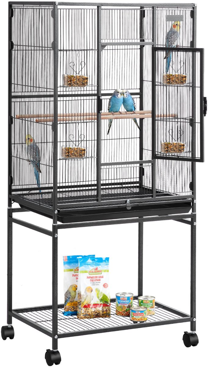 VEVOR Vogelkooi, 62,5x42,5x137cm, Smeedijzeren Volière met Zitstokken, Lade en Plastic Voerbakjes, Wielen, Vogelhuisje voor Papegaaien, Koolmezen, Valkparkieten en Kanaries